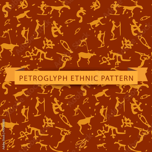 Seamless ethnic petroglyph saami pattern in orange color on brow