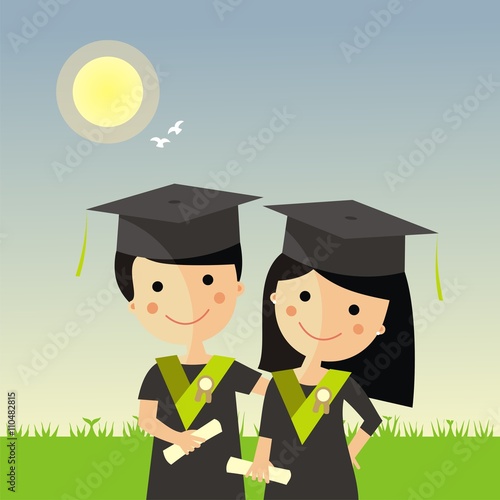 Niños graduados con beca, diploma y birrete sobre un fondo de jardín