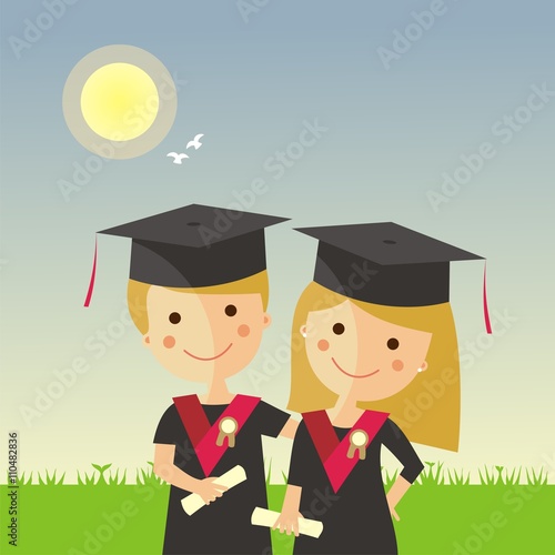 Niños graduados con beca, diploma y birrete sobre un fondo de jardín