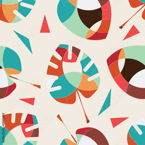 Memphis seamless pattern with leaf palm . Pattern in Memphis ret
