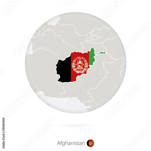 Map of Afghanistan and national flag in a circle.