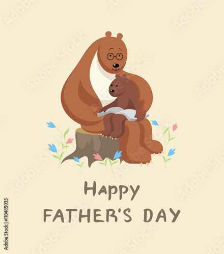 the little bear cub sits at the Big Daddy of a bear on a lap and reads the big book. father’s day greeting