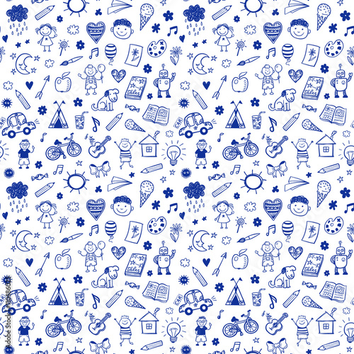 Seamless pattern with doodle children drawing. Hand drawn funny background