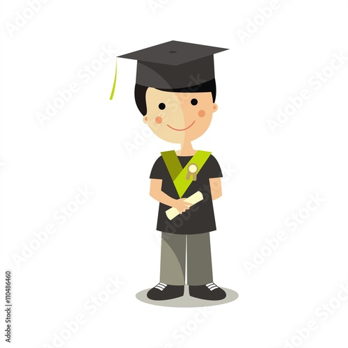 Niño graduado con beca, diploma y birrete. Ilustración aislada
