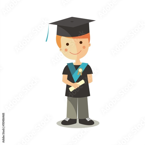 Niño graduado con beca, diploma y birrete. Ilustración aislada