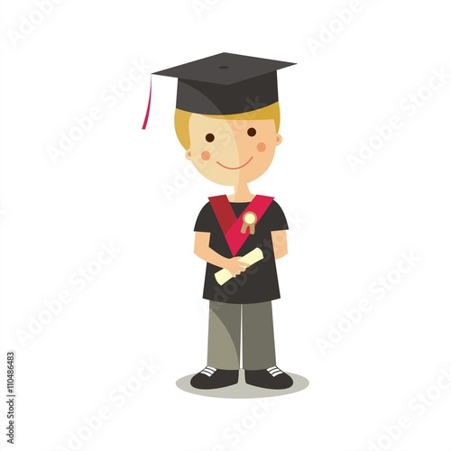 Niño graduado con beca, diploma y birrete. Ilustración aislada