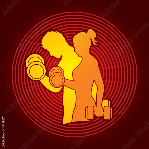 Man and Woman exercises with dumbbell designed on circle light background graphic vector