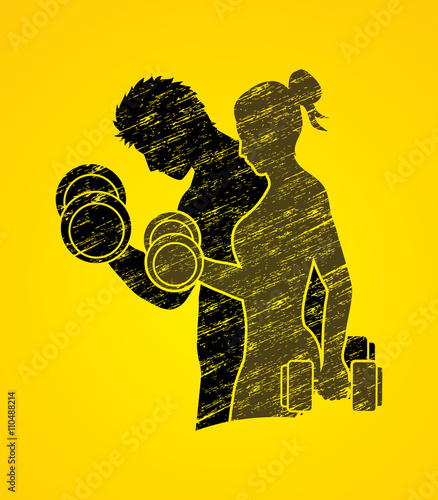 Man and Woman exercises with dumbbell designed using grunge brush graphic vector