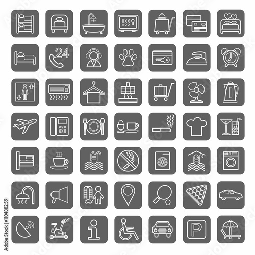 Hotel, hotel services, monochrome linear icons, grey background. 