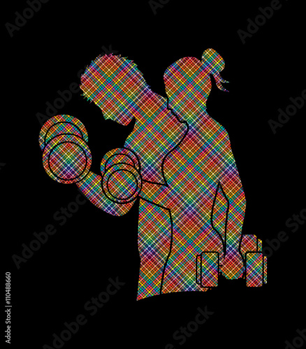 Man and Woman exercises with dumbbell designed using colorful pixels graphic vector