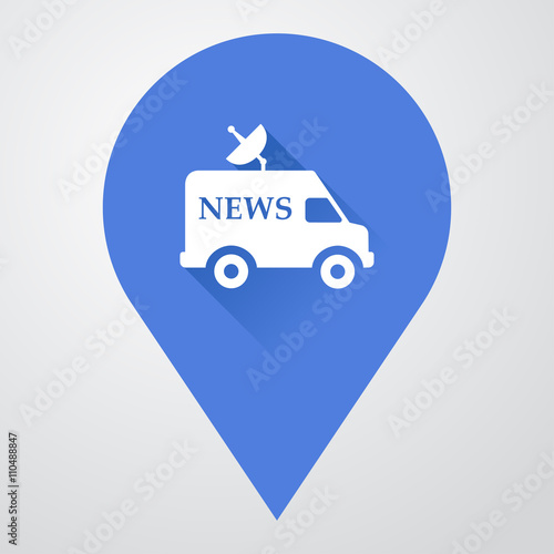 Icono plano localizacion con furgoneta con antena con texto NEWS con sombra