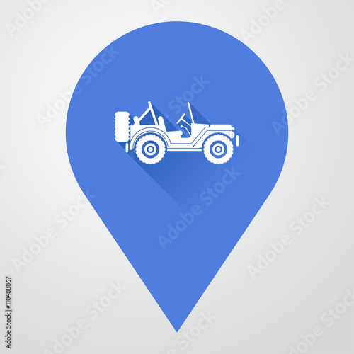 Icono plano localizacion con jeep militar lateral con sombra
