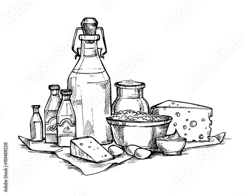 Hand drawn illustration - Farmers dairy products. Grocery store.