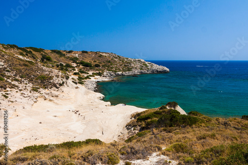 Kolymbia beach with the rocky coast in Greece.