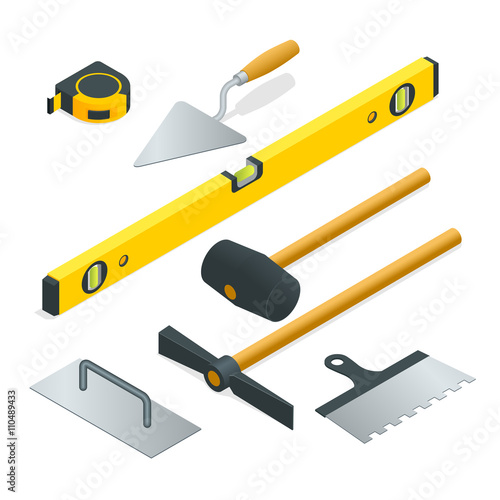 Collection of most common types of masonry tools. Flat 3d isometric vector illustration.