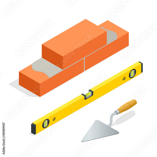 Bricks and masonry tools. Flat 3d isometric vector illustration.