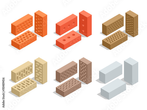 Bricks isolated on white. Brick icon set. Flat 3d isometric vector illustration.