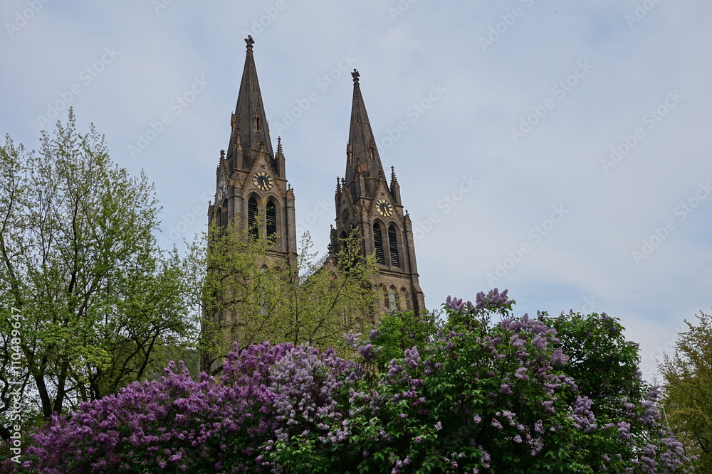 Summer in city of Prague (Czech Republic, Europe) with blooming lilac in the background and great cathedral of St. Ludmila placed on Namesti Miru (Peace Square in the Vinohrady district)