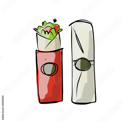 Kebab with pita bread, fast food. sketch design