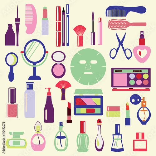 Vector Icon Set of Cosmetics, Make Up and Beauty objects