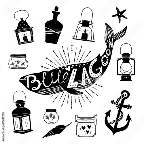 Hand drawn illustration - Marine kit. Graphic elements for desig