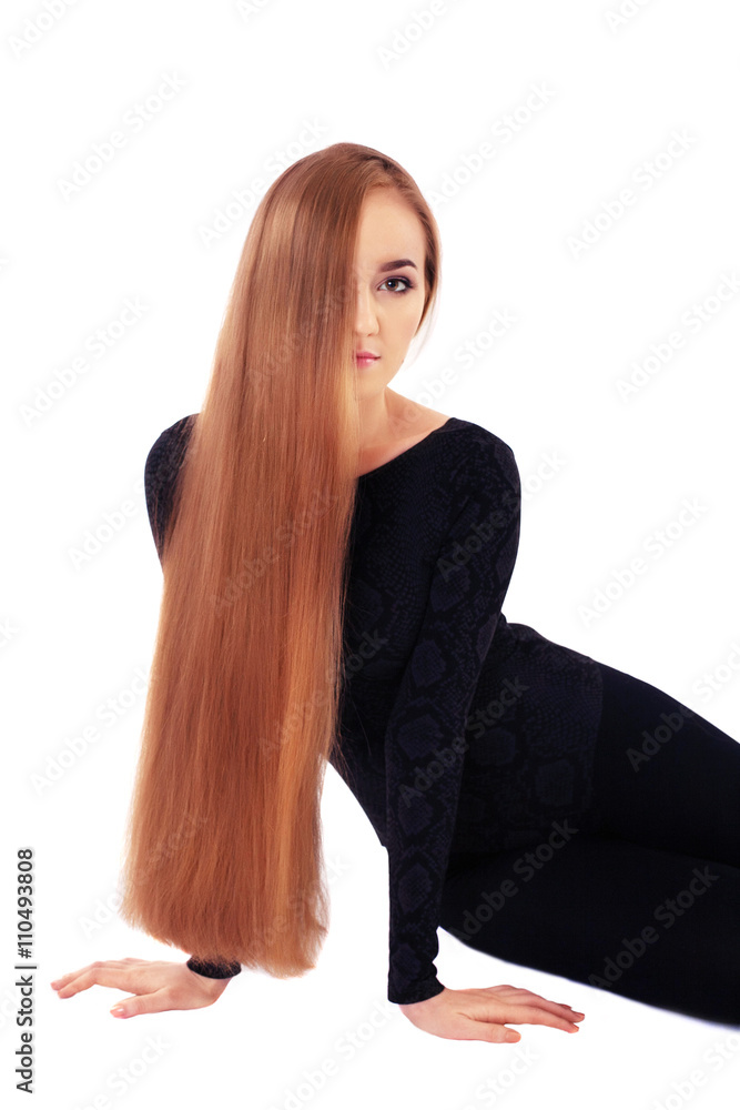 model with very long hair on isolated