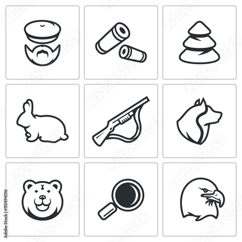 Vector Set of Hunting Icons. Hunter, Ammunition, Timber, Animal, Arms, Dog, Predator, Search, Bird.