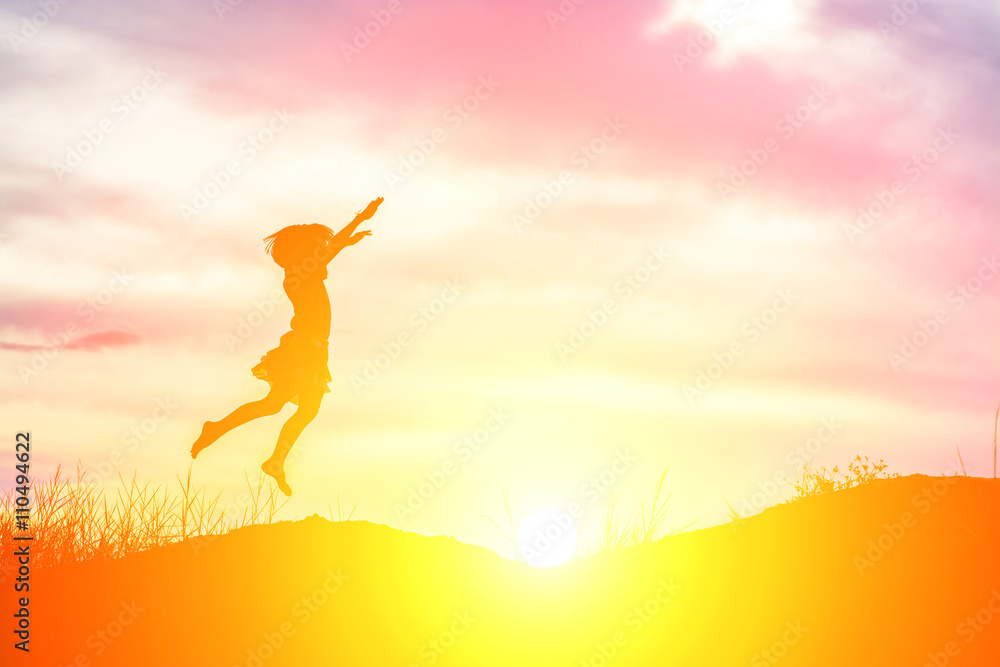Silhouette girl jumping Happiest moments. Silhouette girl jumping Happiest moments.