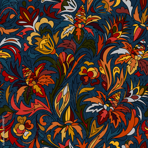 Vector flower pattern. Seamless botanic texture, flowers illustrations. Floral pattern in doodle style, spring floral background. Hot colors background on navy blue