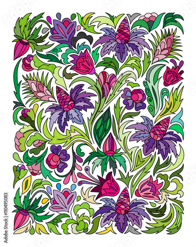 Ethnic colored floral zentangle  doodle background pattern rectangle in vector.