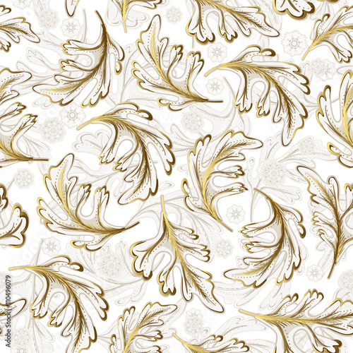 Delicate ornate hand drawing white gold fantasy leaves seamless pattern.