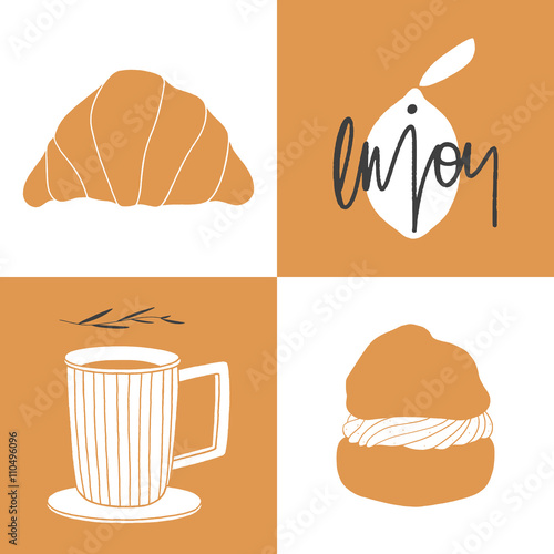 Croissant, cup of coffee, cream puff. Enjoy your coffee time