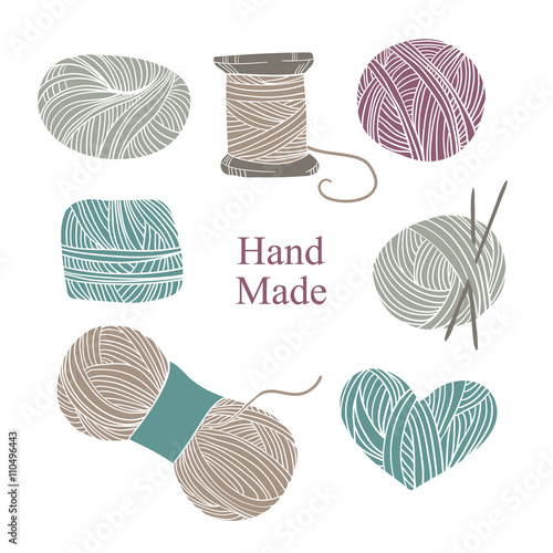 Hand drawn vector vintage illustration - Set of knitting. Yarn a