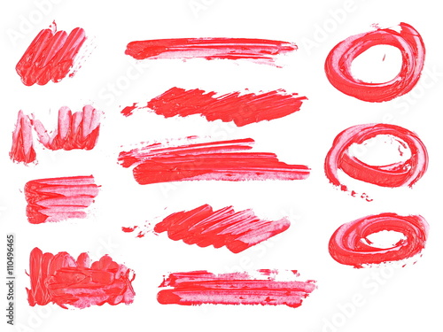 set photo red grunge brush strokes oil paint isolated on white background