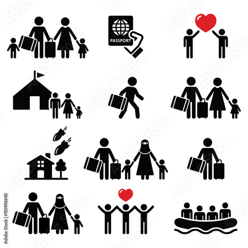 Refugees icons set isolated on white background