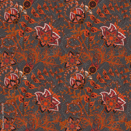 Fantasy flowers seamless paisley pattern. Floral ornament  on dark gray background for fabric, textile, cards, wrapping paper, wallpaper template.Ornamental bright motif
