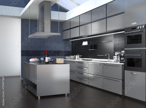 Modern kitchen interior with smart appliances in silver color coordination. 3D rendering image. photo
