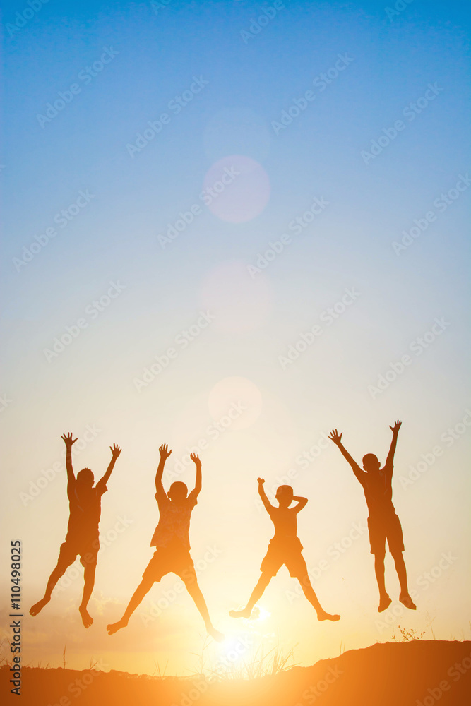 Silhouette of children jump gladness happy time