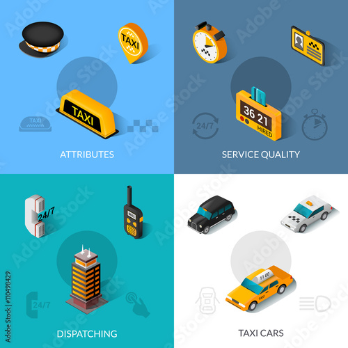 Taxi isometric 4 flat icons square  