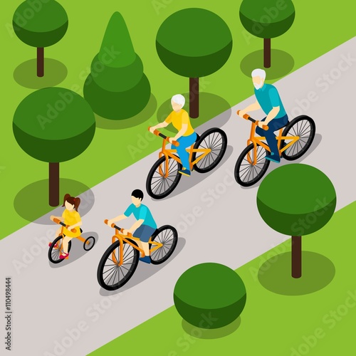 Grandparents Cycling with Children Isometric Banner 
