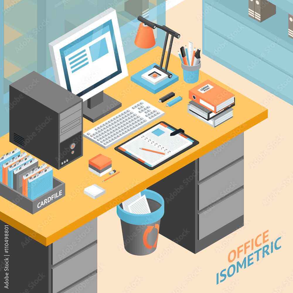 Office Room Isometric Design Concept Illustration Office Room Isometric Design Concept Illustration