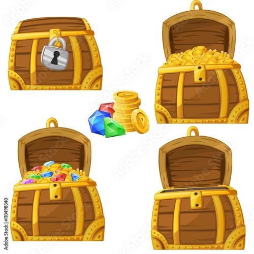 Illustration of cartoon chest locked, open and full of gold and jewels. Vector 2d asset for games.