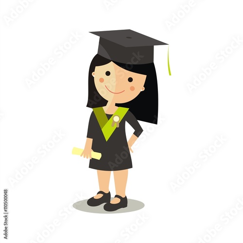 Niña graduada con beca, diploma y birrete. Ilustración aislada