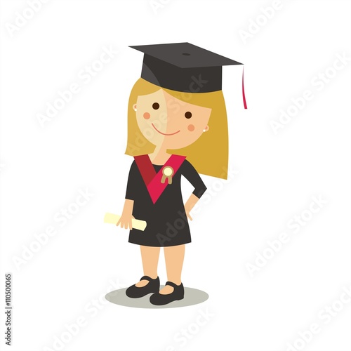 Niña graduada con beca, diploma y birrete. Ilustración aislada