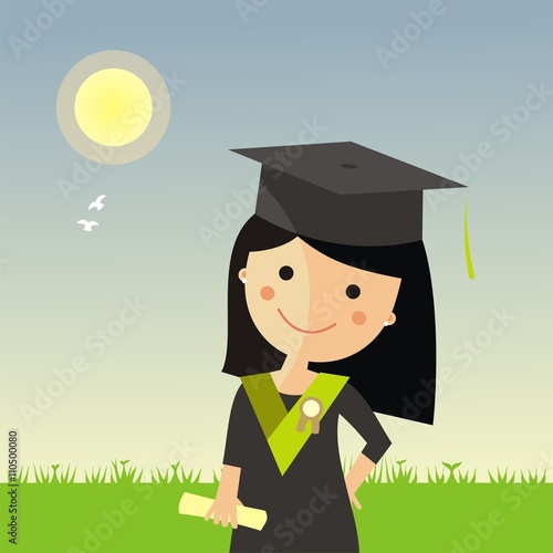 Niña graduada con beca, diploma y birrete. Ceremonia de graduación