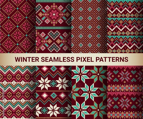 Collection of pixel bright seamless patterns with stylized winte