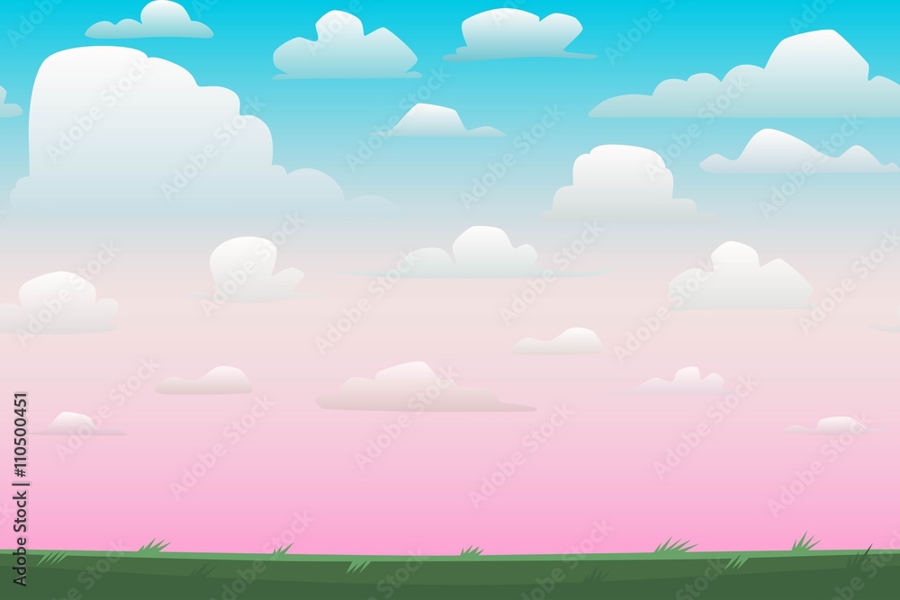 Cartoon nature seamless horizontal landscape with a beautiful evening or morning sunset sky and clouds. Vector illustration.