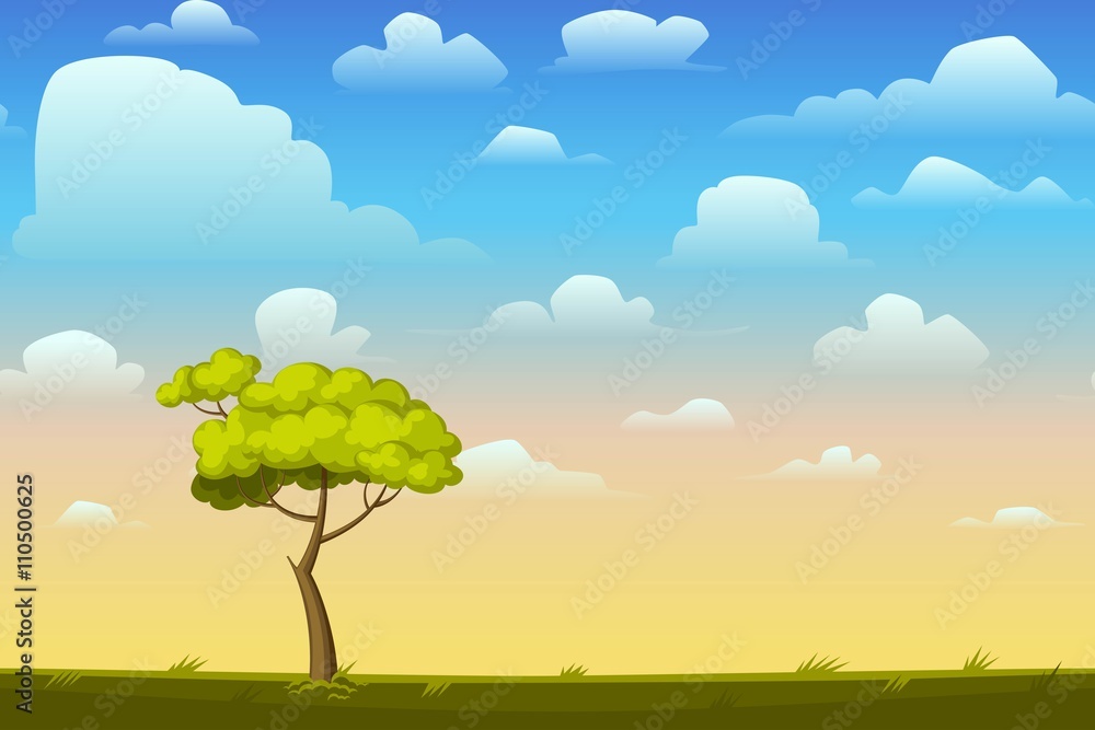 Cartoon nature seamless horizontal landscape with a tree and beautiful evening or morning sunset sky and clouds. Vector illustration. Cartoon nature seamless horizontal landscape with a tree and beautiful evening or morning sunset sky and clouds. Vector illustration.
