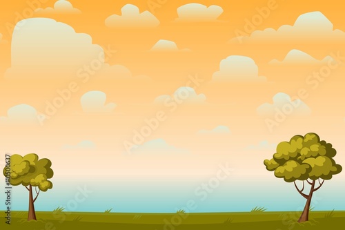 Cartoon nature seamless horizontal landscape with a tree and beautiful evening or morning sunset sky and clouds. Vector illustration.
