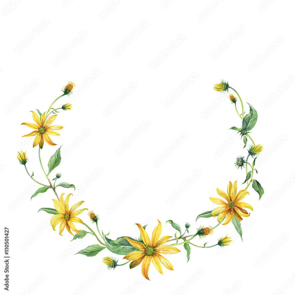 Obraz premium Watercolor wreath or garland. Yellow daisies with green leaves on white background. Can be used as invitation or greeting card, print, your banner.